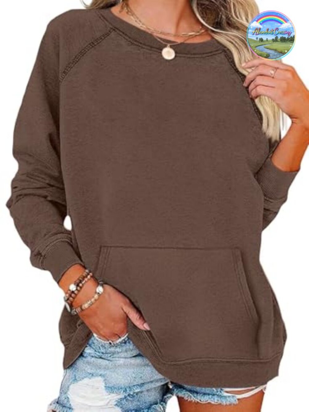 Women's Casual Crew Neck Sweatshirt with Pockets Long Sleeve Pullover Top